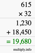 How to calculate 615 times 32 using long multiplication