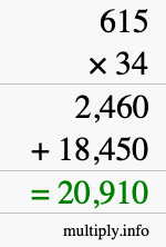 How to calculate 615 times 34 using long multiplication