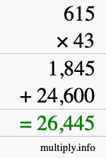 How to calculate 615 times 43 using long multiplication
