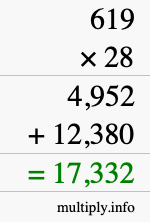 How to calculate 619 times 28 using long multiplication