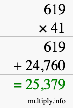 How to calculate 619 times 41 using long multiplication