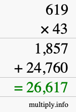 How to calculate 619 times 43 using long multiplication