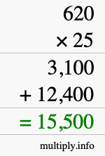 How to calculate 620 times 25 using long multiplication How to calculate 620 times 25 using long multiplication