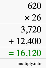 How to calculate 620 times 26 using long multiplication