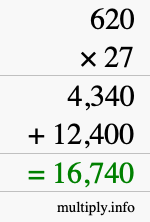 How to calculate 620 times 27 using long multiplication