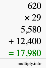 How to calculate 620 times 29 using long multiplication