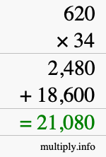 How to calculate 620 times 34 using long multiplication