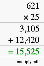 How to calculate 621 times 25 using long multiplication How to calculate 621 times 25 using long multiplication
