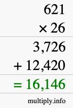 How to calculate 621 times 26 using long multiplication