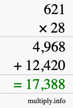 How to calculate 621 times 28 using long multiplication