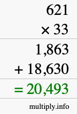 How to calculate 621 times 33 using long multiplication