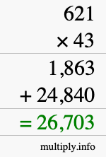 How to calculate 621 times 43 using long multiplication