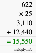 How to calculate 622 times 25 using long multiplication How to calculate 622 times 25 using long multiplication