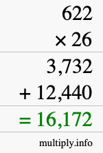 How to calculate 622 times 26 using long multiplication