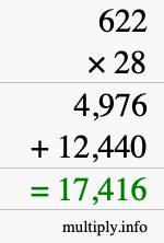 How to calculate 622 times 28 using long multiplication