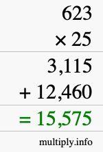 How to calculate 623 times 25 using long multiplication
