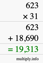 How to calculate 623 times 31 using long multiplication