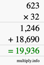 How to calculate 623 times 32 using long multiplication