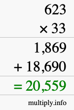 How to calculate 623 times 33 using long multiplication