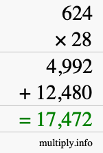 How to calculate 624 times 28 using long multiplication