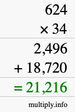 How to calculate 624 times 34 using long multiplication