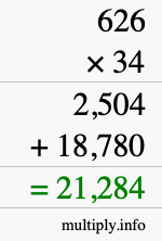 How to calculate 626 times 34 using long multiplication