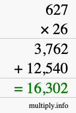 How to calculate 627 times 26 using long multiplication