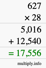 How to calculate 627 times 28 using long multiplication