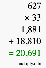 How to calculate 627 times 33 using long multiplication
