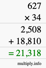 How to calculate 627 times 34 using long multiplication
