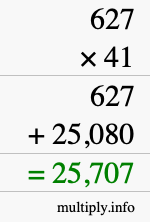 How to calculate 627 times 41 using long multiplication