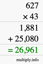 How to calculate 627 times 43 using long multiplication