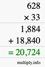How to calculate 628 times 33 using long multiplication