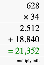 How to calculate 628 times 34 using long multiplication