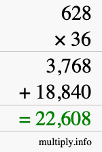 How to calculate 628 times 36 using long multiplication