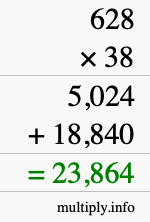 How to calculate 628 times 38 using long multiplication