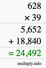 How to calculate 628 times 39 using long multiplication