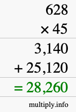 How to calculate 628 times 45 using long multiplication