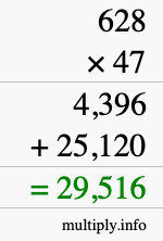 How to calculate 628 times 47 using long multiplication