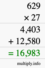 How to calculate 629 times 27 using long multiplication
