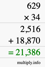 How to calculate 629 times 34 using long multiplication