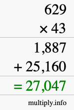 How to calculate 629 times 43 using long multiplication