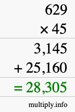 How to calculate 629 times 45 using long multiplication