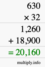How to calculate 630 times 32 using long multiplication