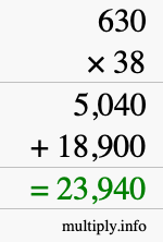 How to calculate 630 times 38 using long multiplication