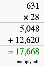 How to calculate 631 times 28 using long multiplication