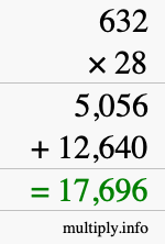 How to calculate 632 times 28 using long multiplication