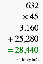 How to calculate 632 times 45 using long multiplication