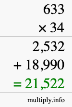 How to calculate 633 times 34 using long multiplication