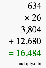 How to calculate 634 times 26 using long multiplication